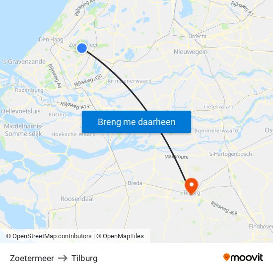 Zoetermeer to Tilburg map