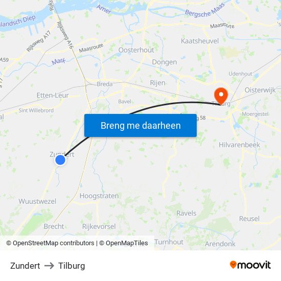 Zundert to Tilburg map