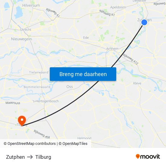 Zutphen to Tilburg map