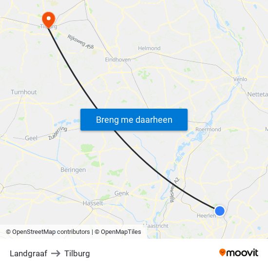 Landgraaf to Tilburg map