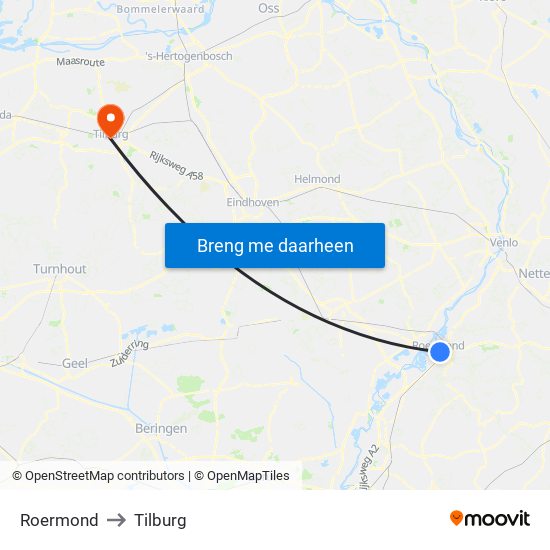 Roermond to Tilburg map