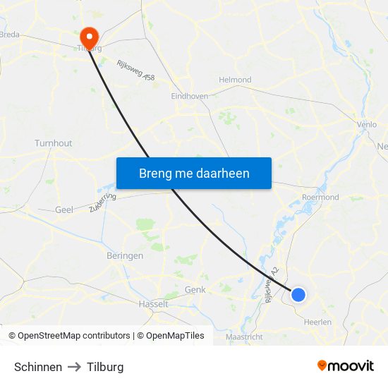 Schinnen to Tilburg map
