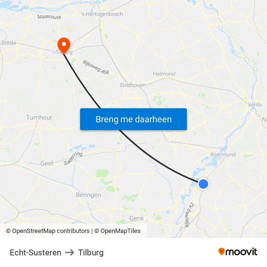 Echt-Susteren to Tilburg map
