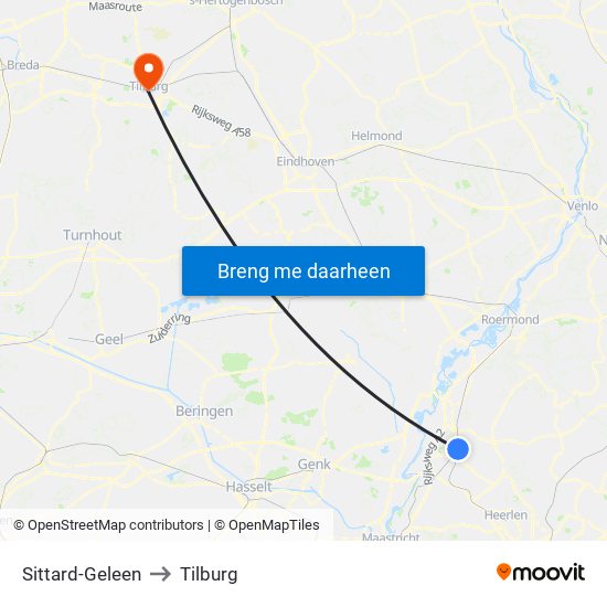 Sittard-Geleen to Tilburg map