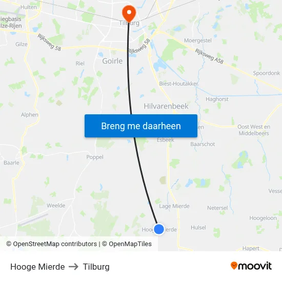 Hooge Mierde to Tilburg map