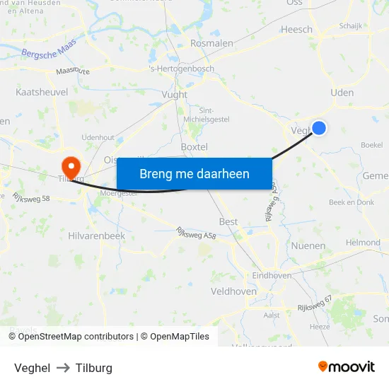 Veghel to Tilburg map
