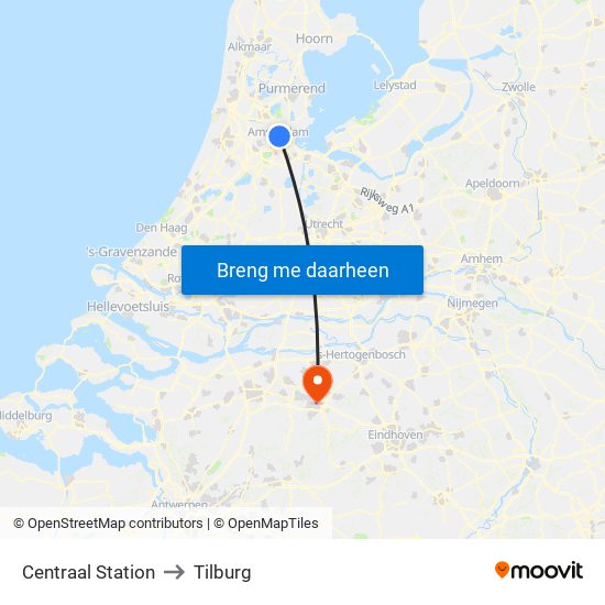 Centraal Station to Tilburg map