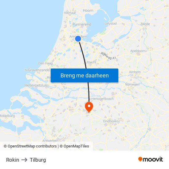 Rokin to Tilburg map