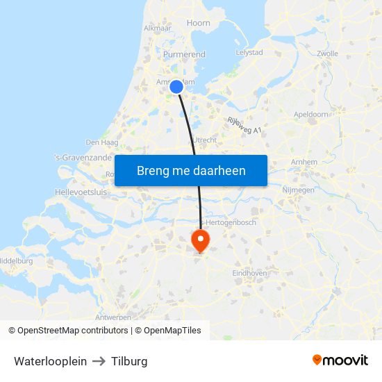 Waterlooplein to Tilburg map