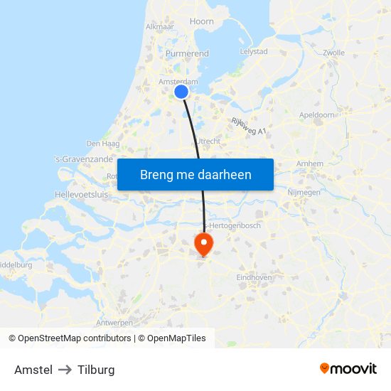 Amstel to Tilburg map
