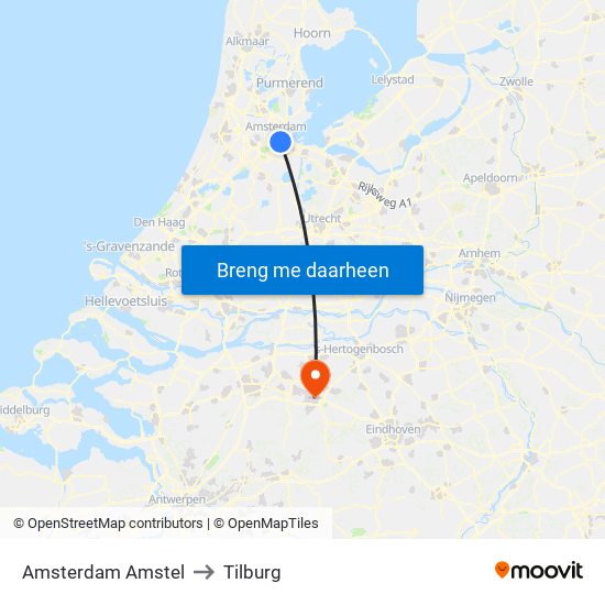 Amsterdam Amstel to Tilburg map