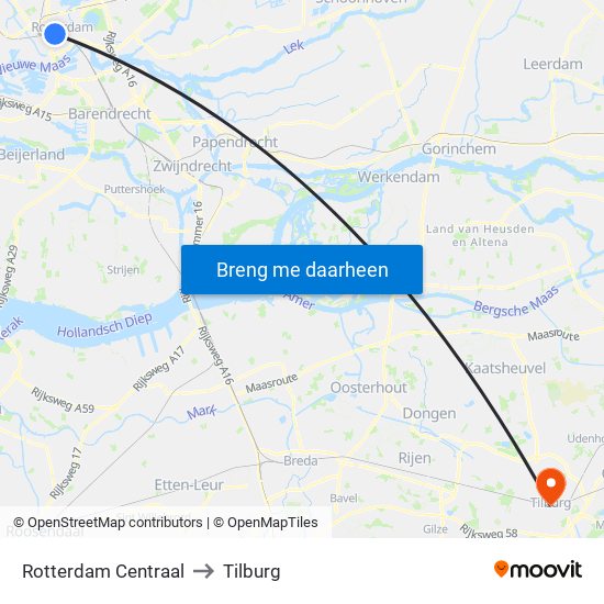 Rotterdam Centraal to Tilburg map
