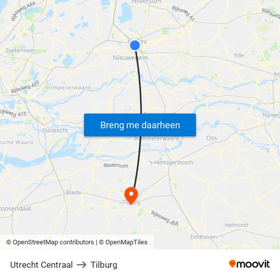 Utrecht Centraal to Tilburg map