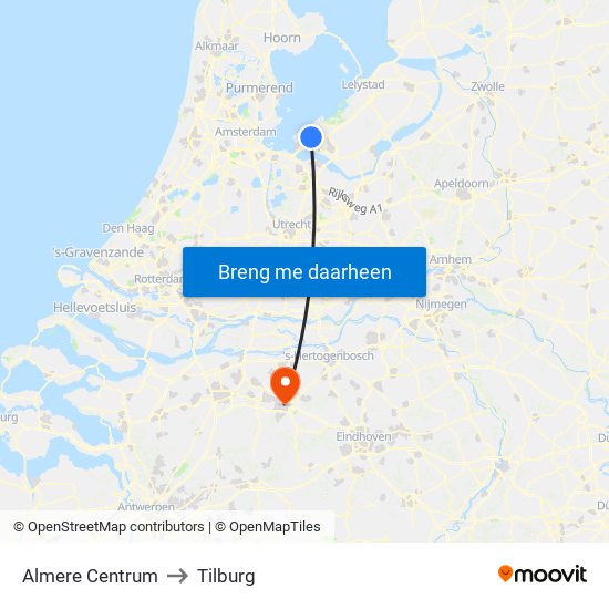 Almere Centrum to Tilburg map