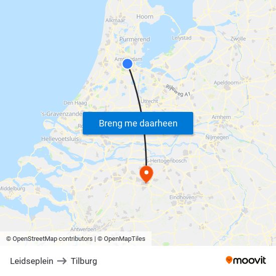 Leidseplein to Tilburg map