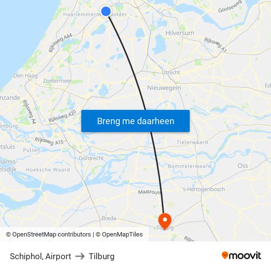 Schiphol, Airport to Tilburg map