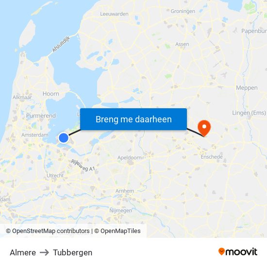 Almere to Tubbergen map