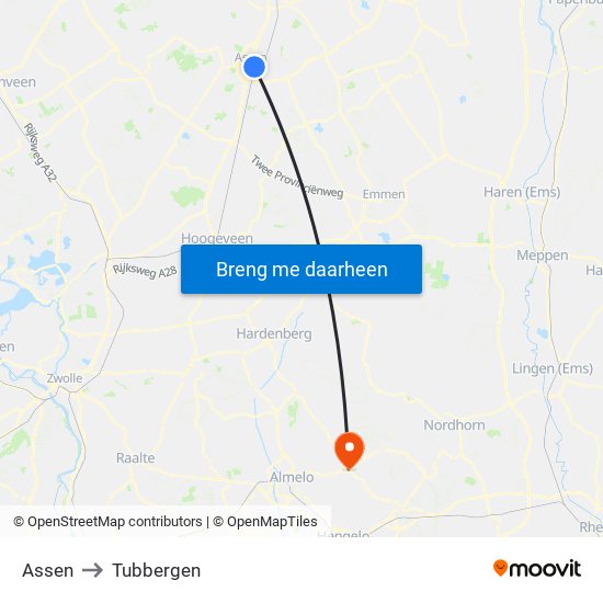 Assen to Tubbergen map