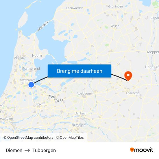 Diemen to Tubbergen map