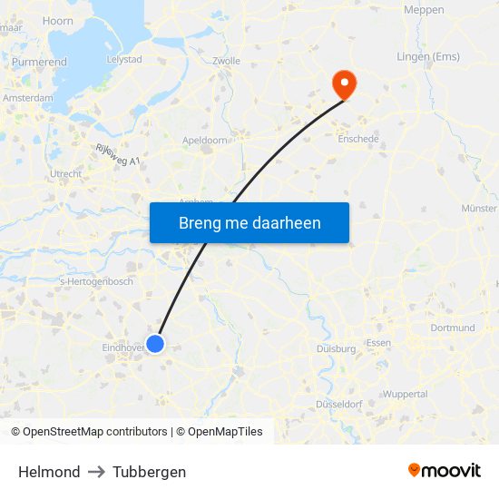 Helmond to Tubbergen map