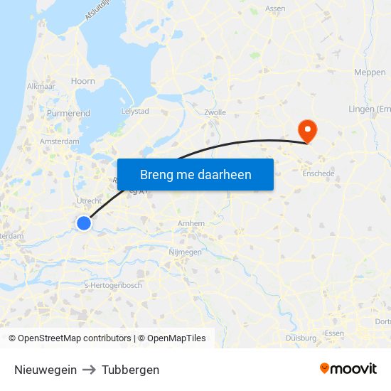 Nieuwegein to Tubbergen map