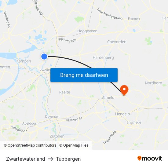 Zwartewaterland to Tubbergen map