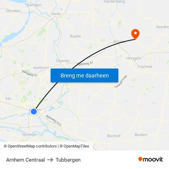 Arnhem Centraal to Tubbergen map