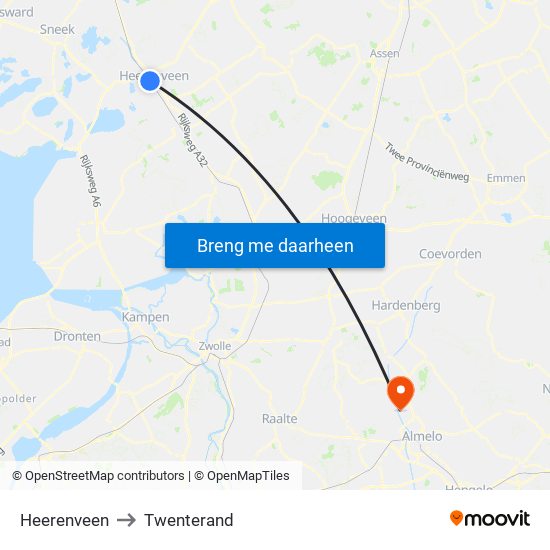 Heerenveen to Twenterand map
