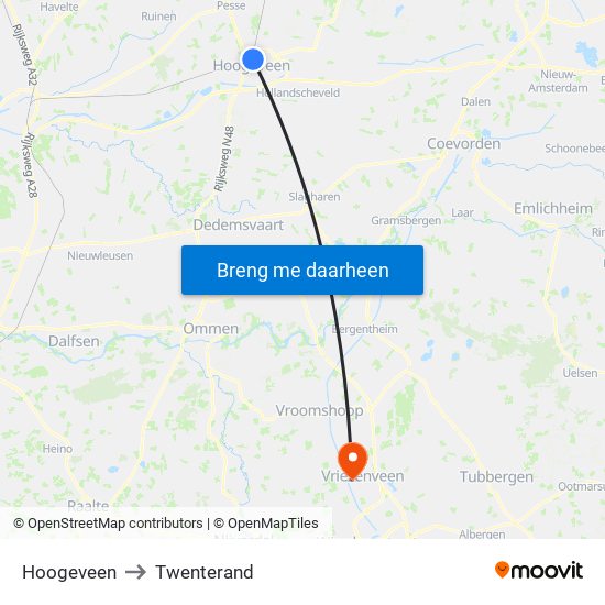 Hoogeveen to Twenterand map