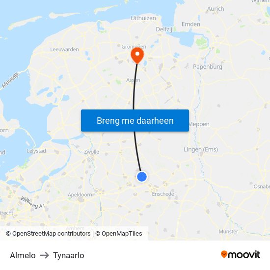 Almelo to Tynaarlo map