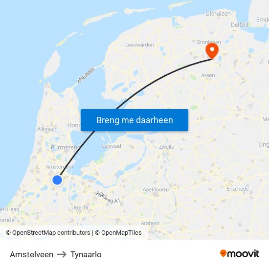 Amstelveen to Tynaarlo map