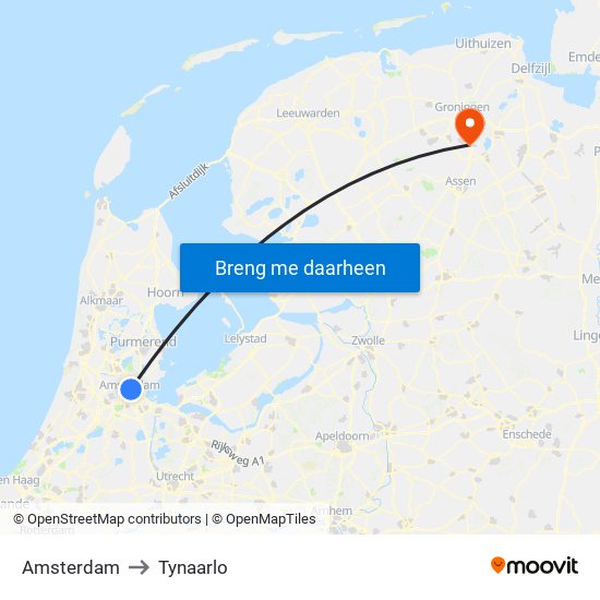 Amsterdam to Tynaarlo map