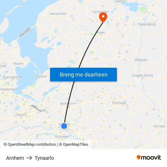 Arnhem to Tynaarlo map
