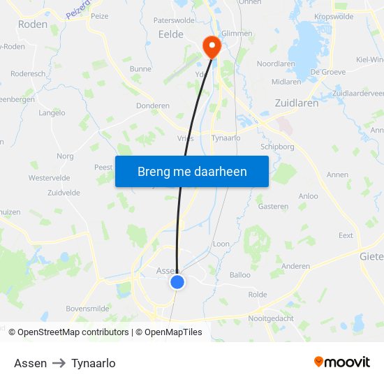 Assen to Tynaarlo map