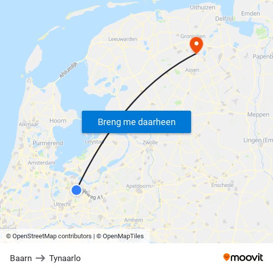 Baarn to Tynaarlo map