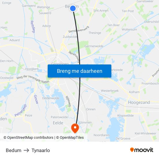 Bedum to Tynaarlo map