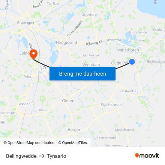 Bellingwedde to Tynaarlo map