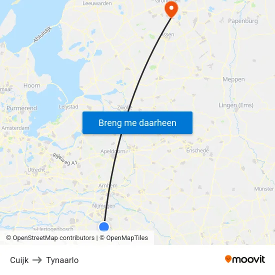 Cuijk to Tynaarlo map