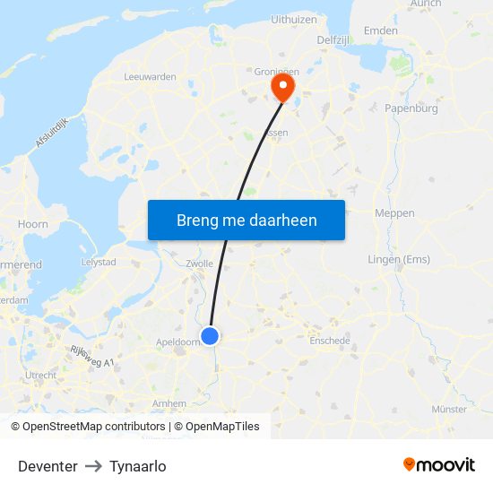 Deventer to Tynaarlo map