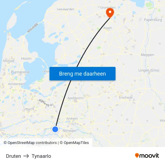 Druten to Tynaarlo map