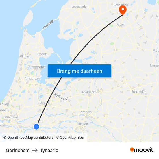 Gorinchem to Tynaarlo map