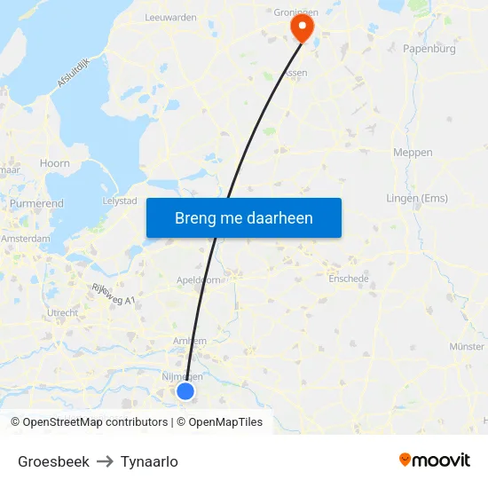 Groesbeek to Tynaarlo map