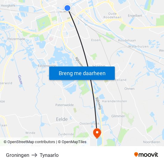 Groningen to Tynaarlo map