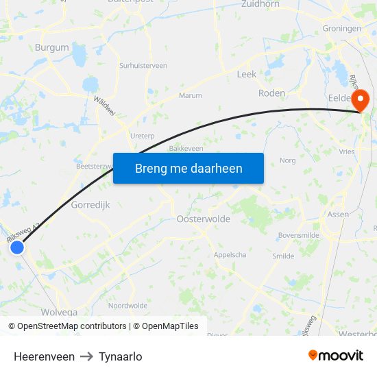 Heerenveen to Tynaarlo map