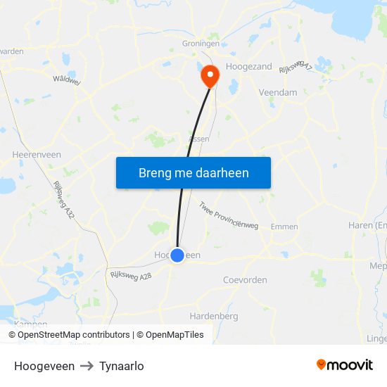 Hoogeveen to Tynaarlo map