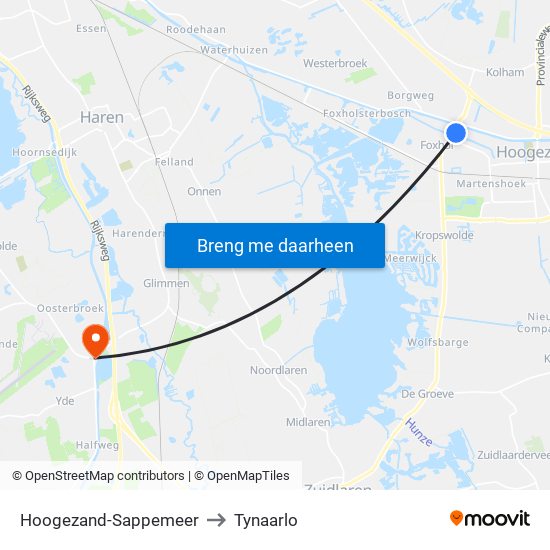 Hoogezand-Sappemeer to Tynaarlo map