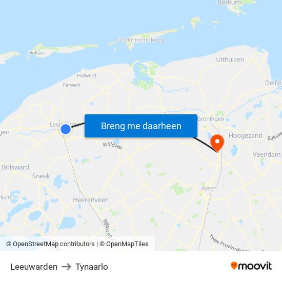 Leeuwarden to Tynaarlo map