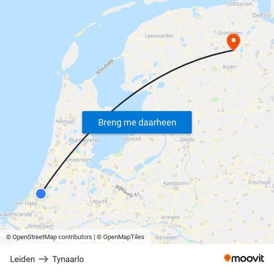 Leiden to Tynaarlo map