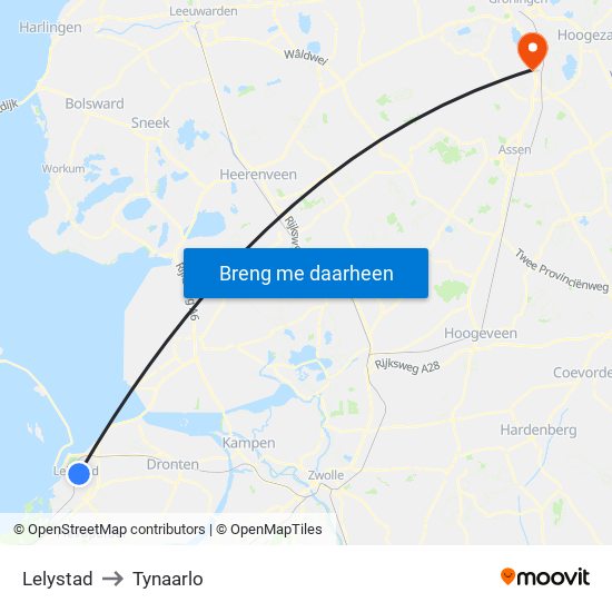 Lelystad to Tynaarlo map