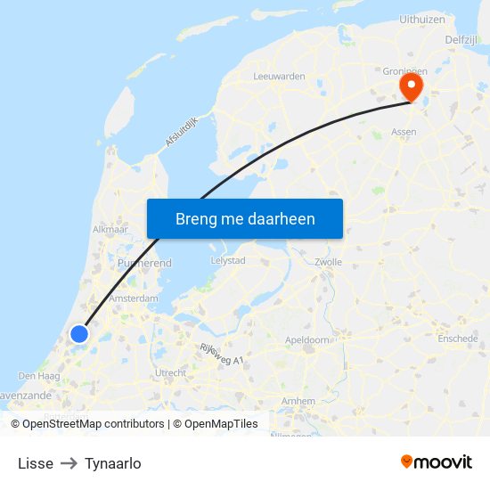 Lisse to Tynaarlo map